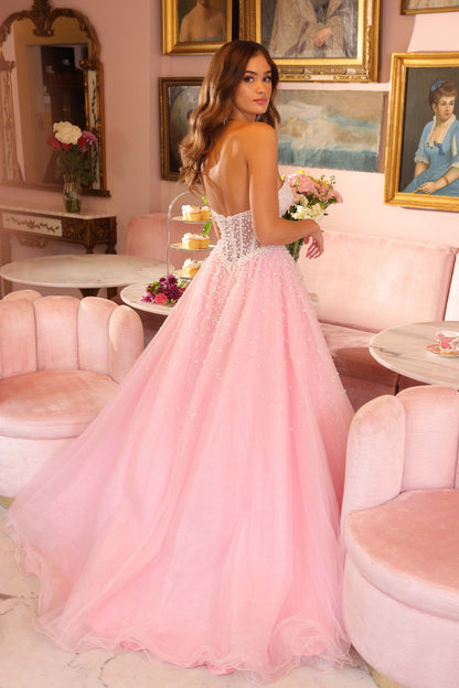 Strapless Sleeveless Beaded Pink Tulle Gown