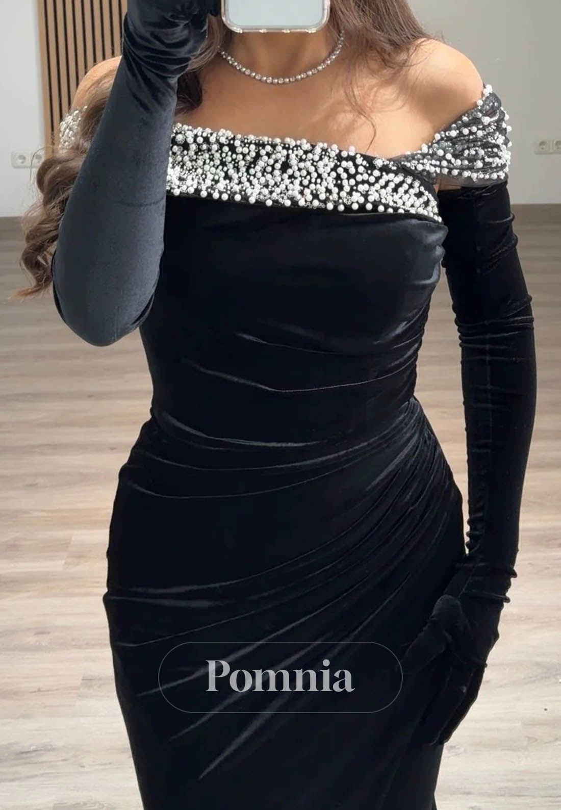 Velvet Long Sleeves Off-Shoulder Ruched Mermaid Evening Dress