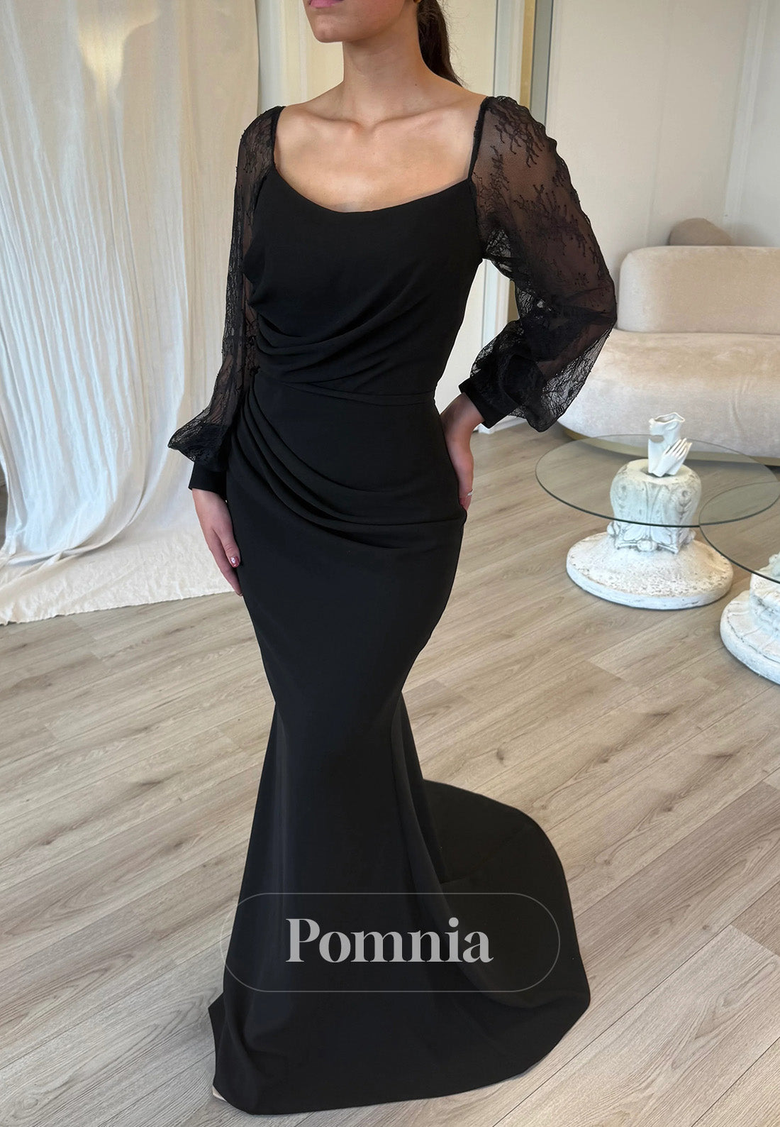 Long Sleeves Scoop Sheath Ruched Satin Prom Dress