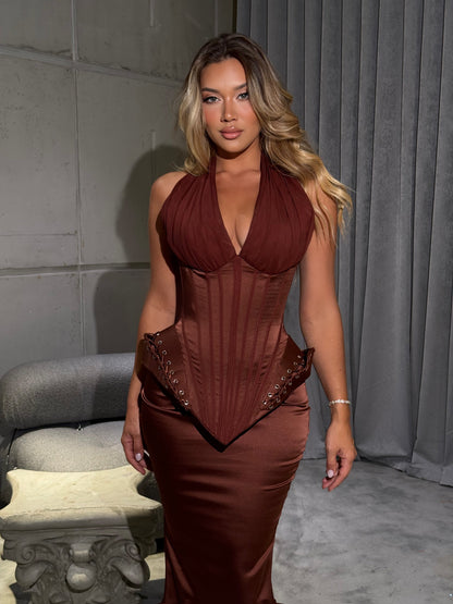 Brown Halter Corset Halter Sleeveless Evening Dress