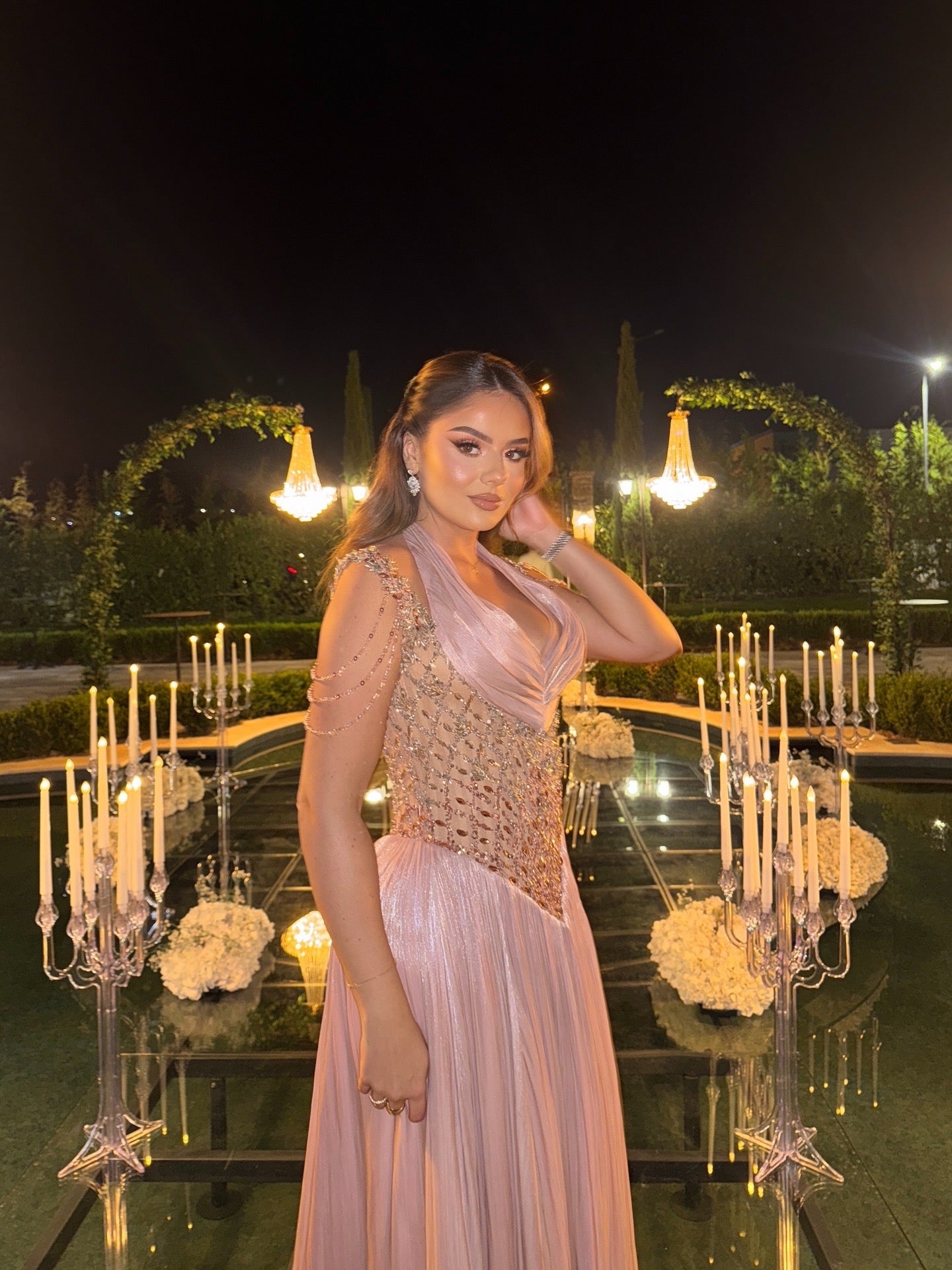 Blushing Pink Halter A-Line Embellished Flowing Dress