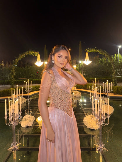 Blushing Pink Halter A-Line Embellished Flowing Dress