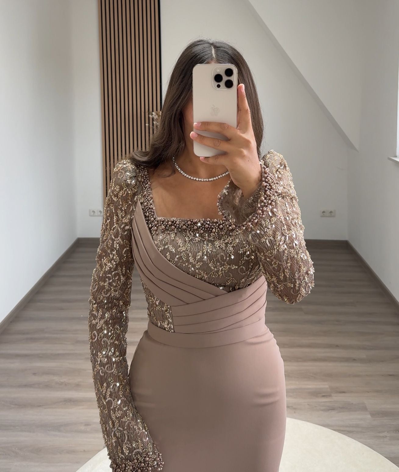 Long Sleeves Sequins Ruched Evening Dress