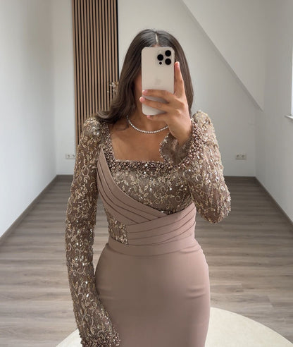 Long Sleeves Sequins Ruched Evening Dress