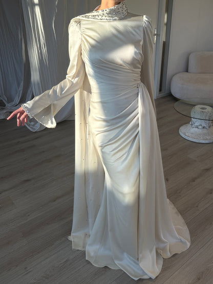 Beige Beaded High Neck Long Sleeves Ruched Sheath Evening Dress