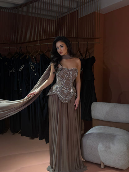 Crystal Corset Gown with Taupe Pleated Skirt