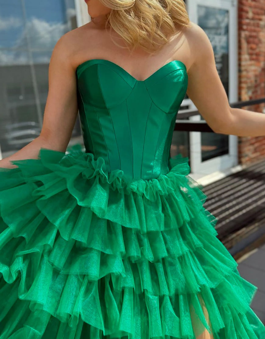 A-Line Sweetheart Tulle Prom Dress Long Ruffle Strapless Evening Gowns