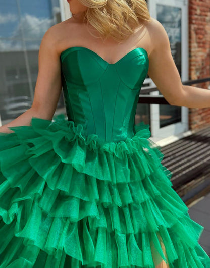A-Line Sweetheart Tulle Prom Dress Long Ruffle Strapless Evening Gowns