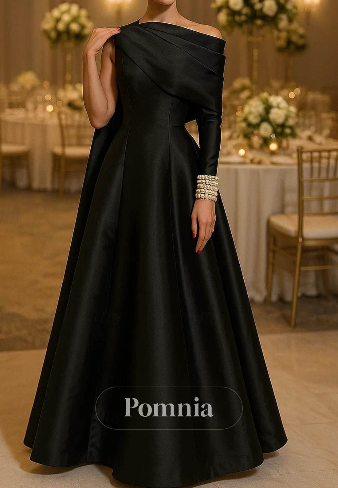 Off Shoulder Formal Wedding Stretch Satin with Pleats Pearls