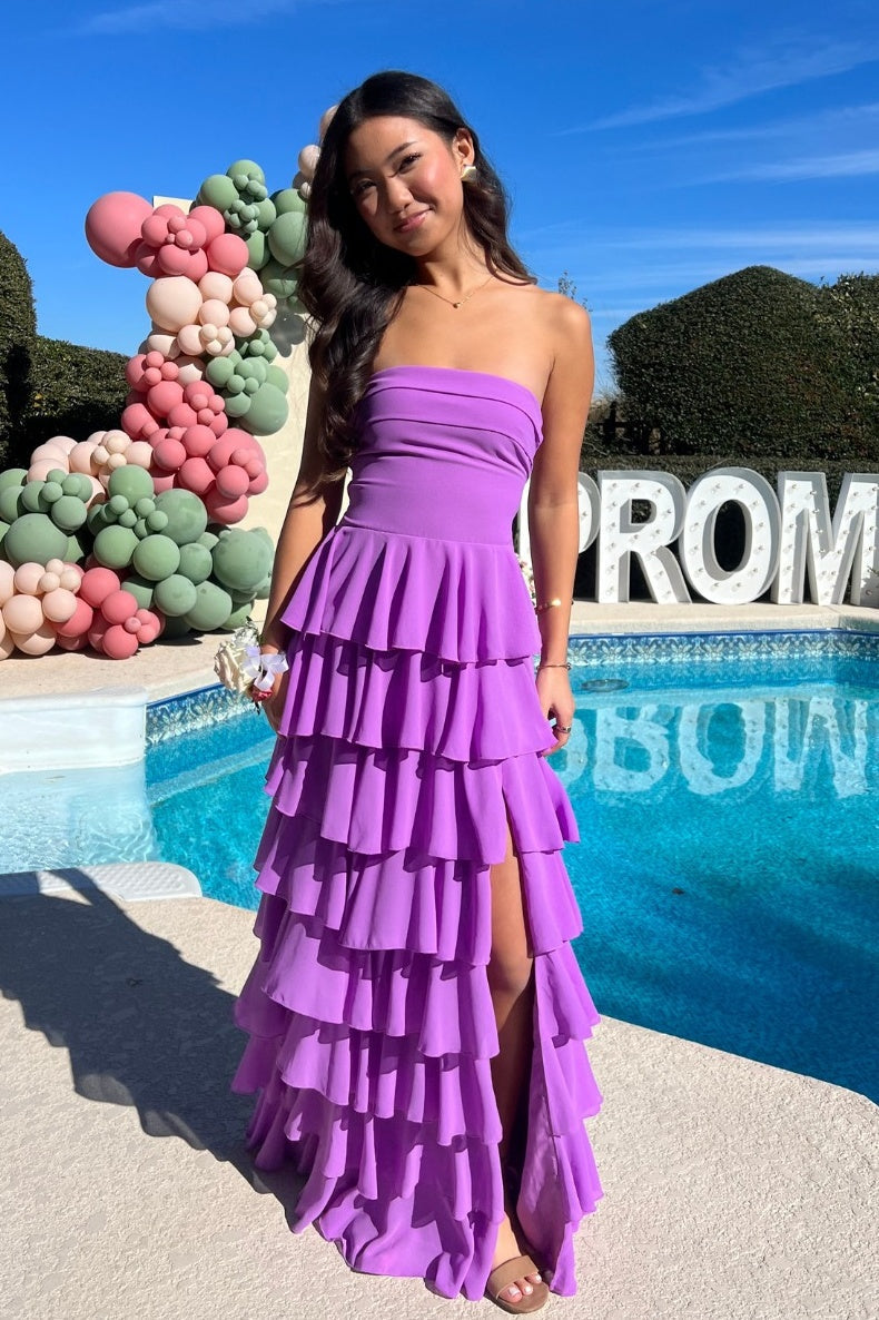 Beautiful A Line Strapless Purple Long Prom Dress with Ruffles