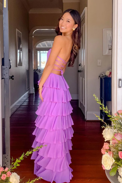 Beautiful A Line Strapless Purple Long Prom Dress with Ruffles