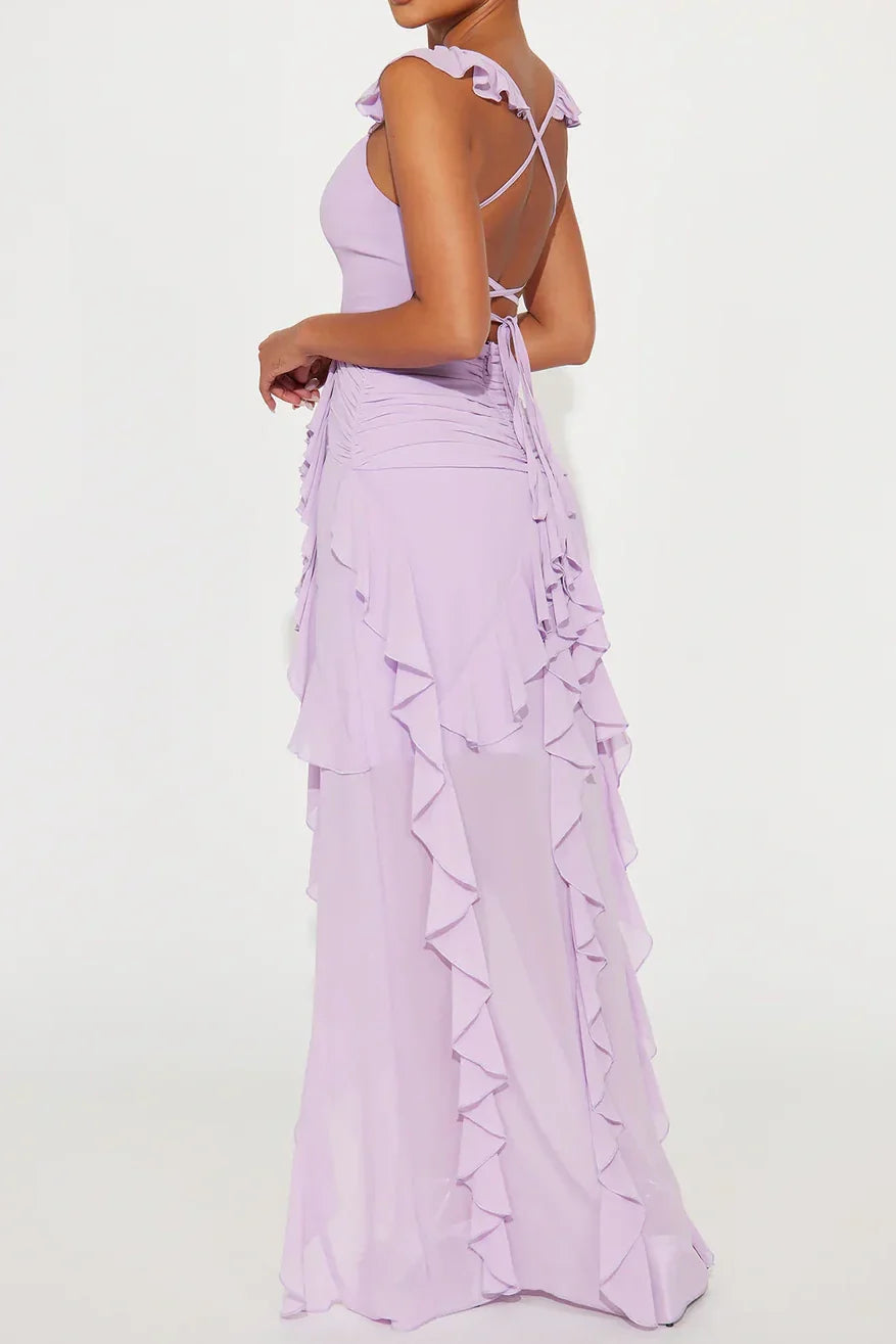 Beautiful A Line Sweetheart Lilac Long Prom Dress with Ruffles
