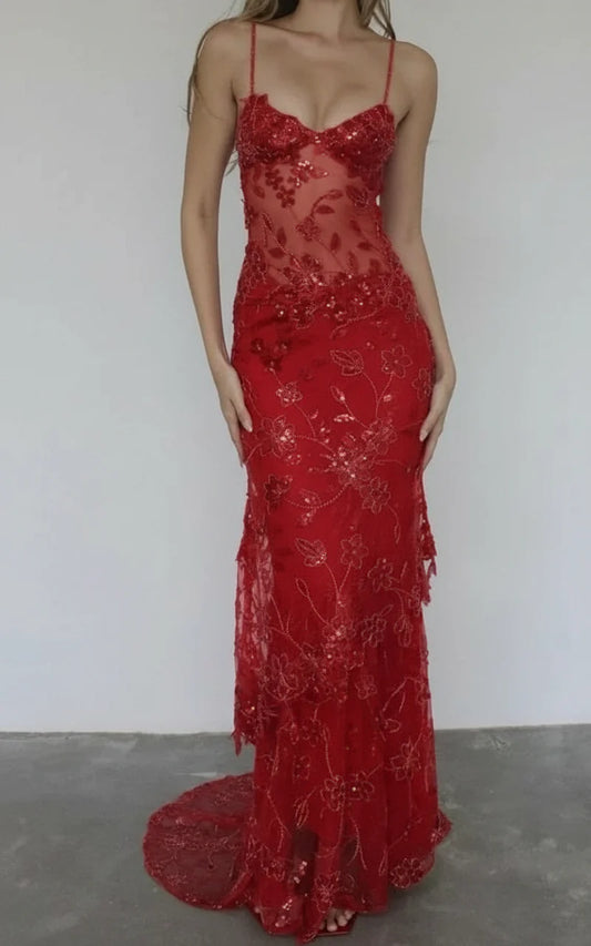 Beautiful Spaghetti Straps Birthday Party Dresses Red Lace Prom Dresses