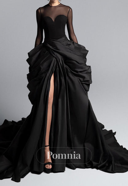 Black A-Line Long Sleeves Scoop Ruffles Evening Dress