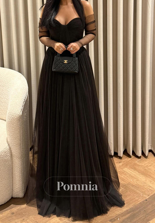 Black A-Line Long Sleeves Sweetheart Lace Prom Dress