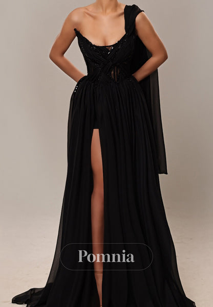 Black A-Line One Shoulder Slit Evening Dress