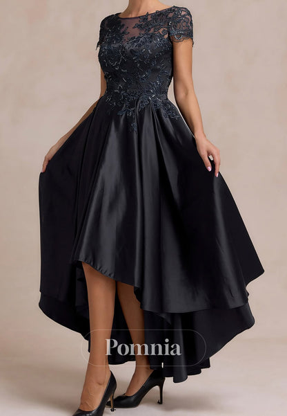 Black A-Line Short Sleeves Scoop Appliques Satin Mother of the Bride Dress