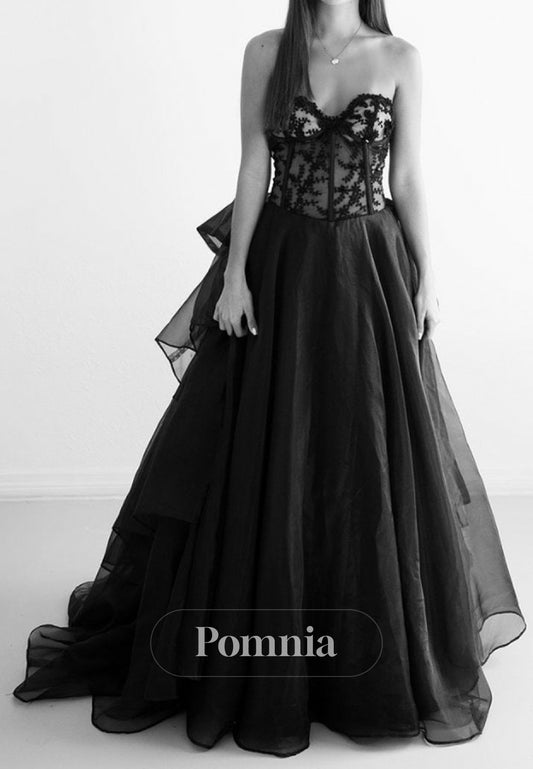 Black A-Line Sleeveless Strapless Corset Tulle Bowknot Wedding Dress