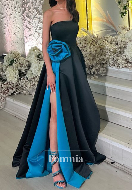 Black A-Line Sleeveless Strapless Floral Appliques Prom Dress