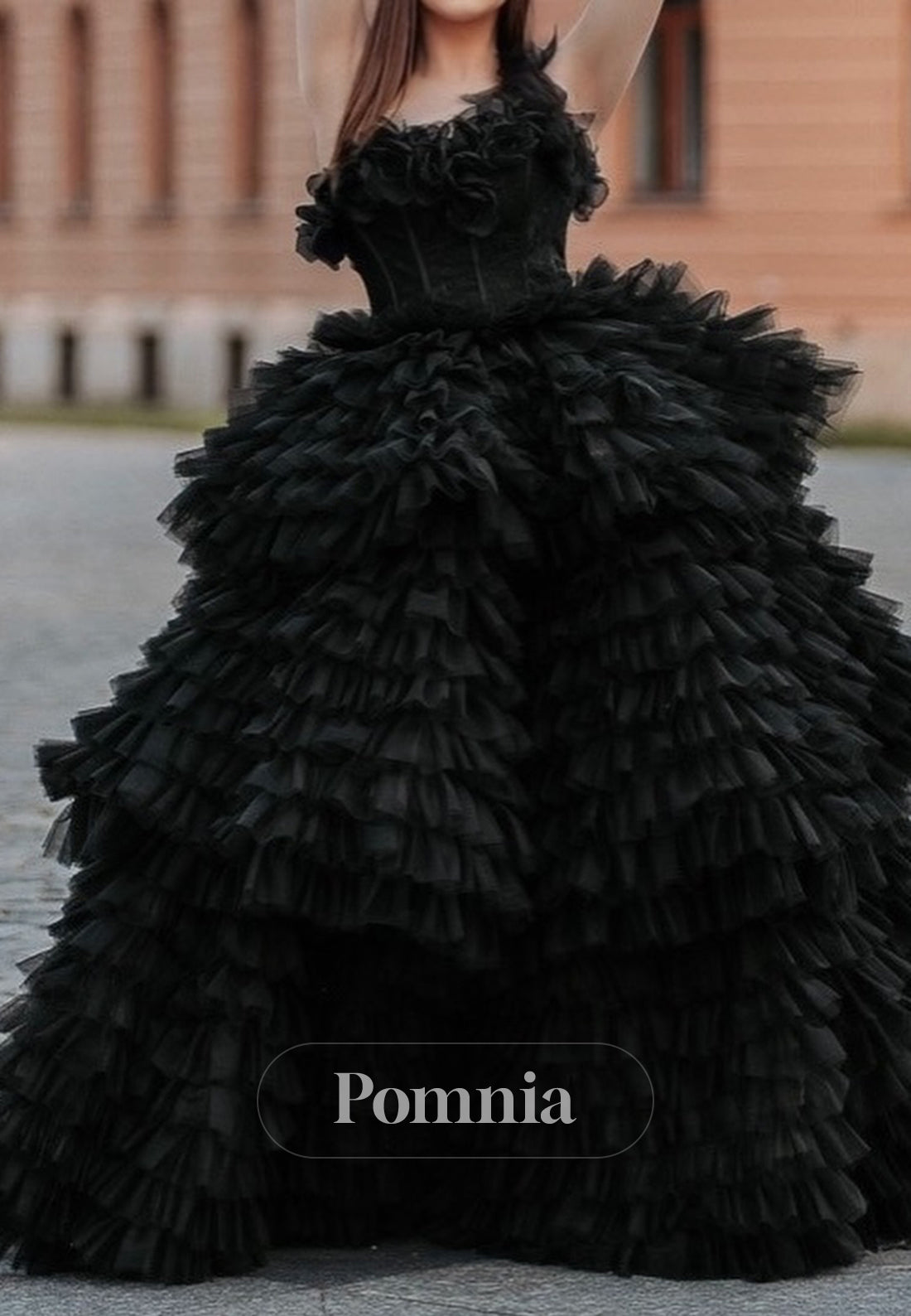 Black A-Line Sleeveless Strapless Ruffles Lace Prom Dress