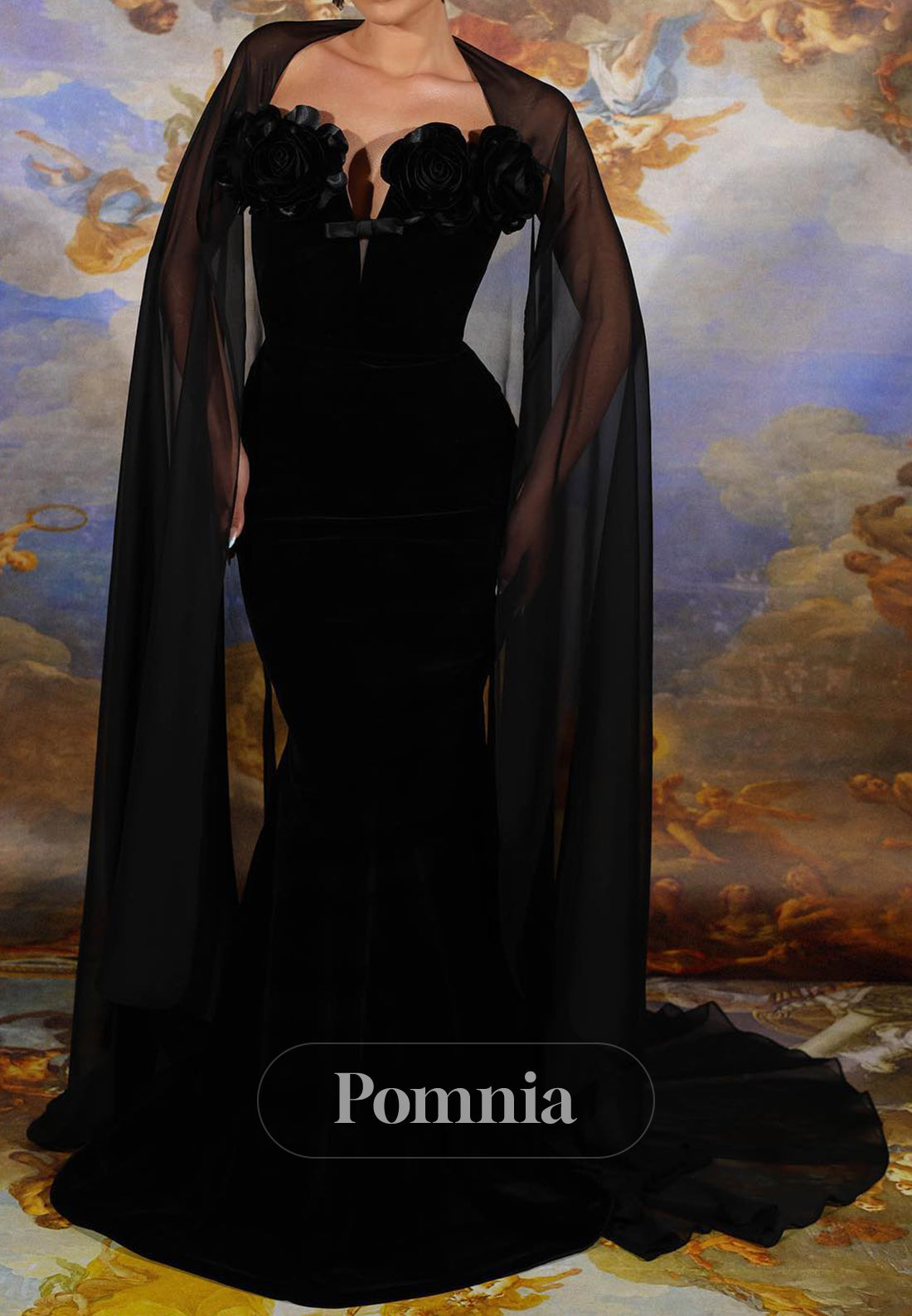 Black Cap Sleeves Sweetheart Floor-Length Evening Dress