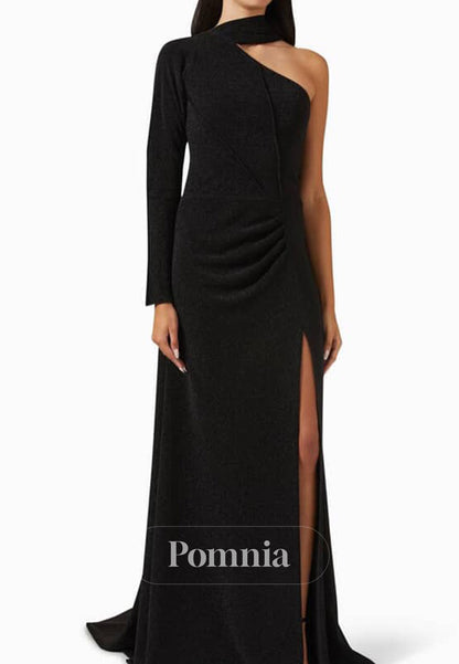 Black Halter One Shoulder A-Line Evening Dress