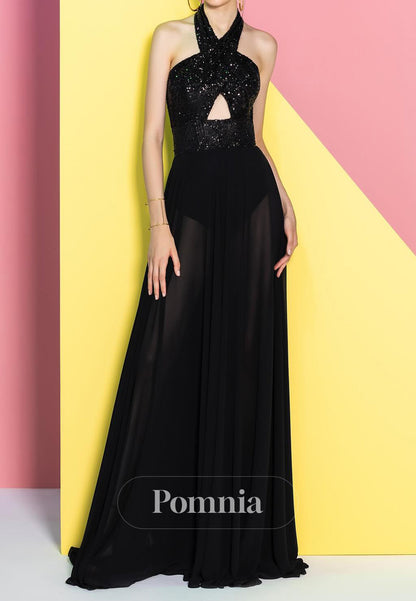 Black Halter Sleeveless A-Line Sequins Evening Dress