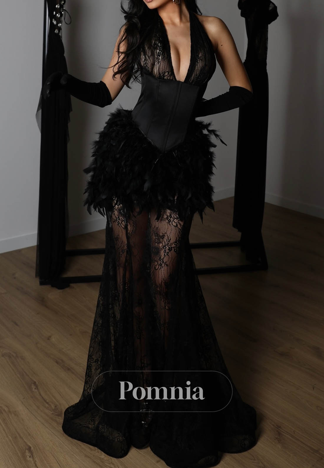 Black Halter Sleeveless Backless Feathers Prom Dress