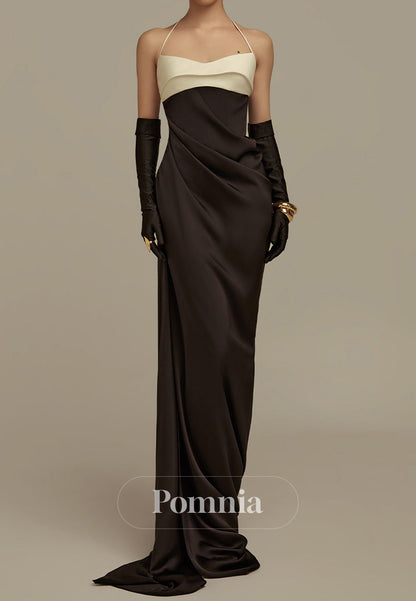 Black Halter Sleeveless Backless Satin Evening Dress