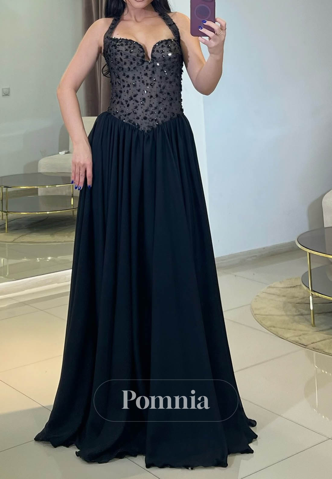 Black Halter Sleeveless Empire-Waist Prom Dress