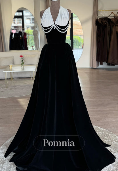 Black Halter Sleeveless Pearls Corset Empire-Waist Prom Dress