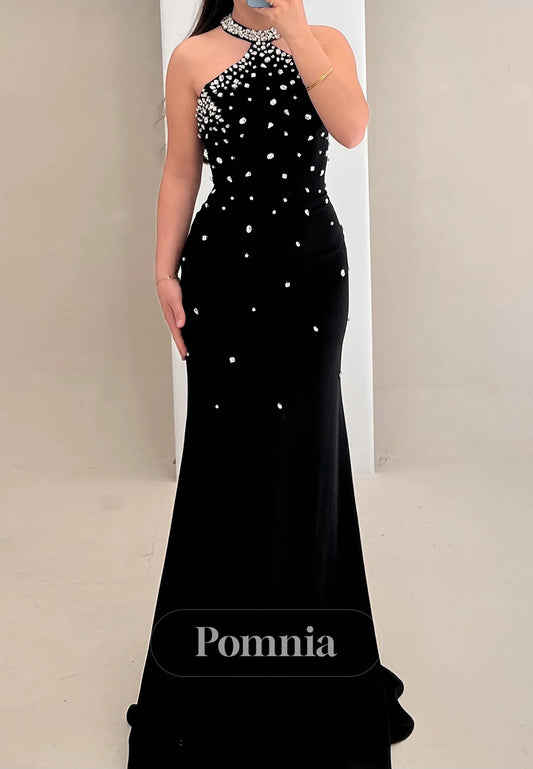 Black Halter Sleeveless Sequins A-Line Prom Dress