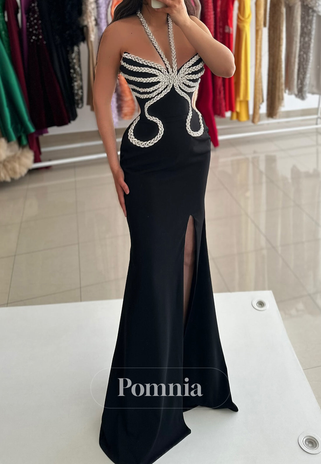 Black Halter Sleeveless Slit Sheath Prom Dress