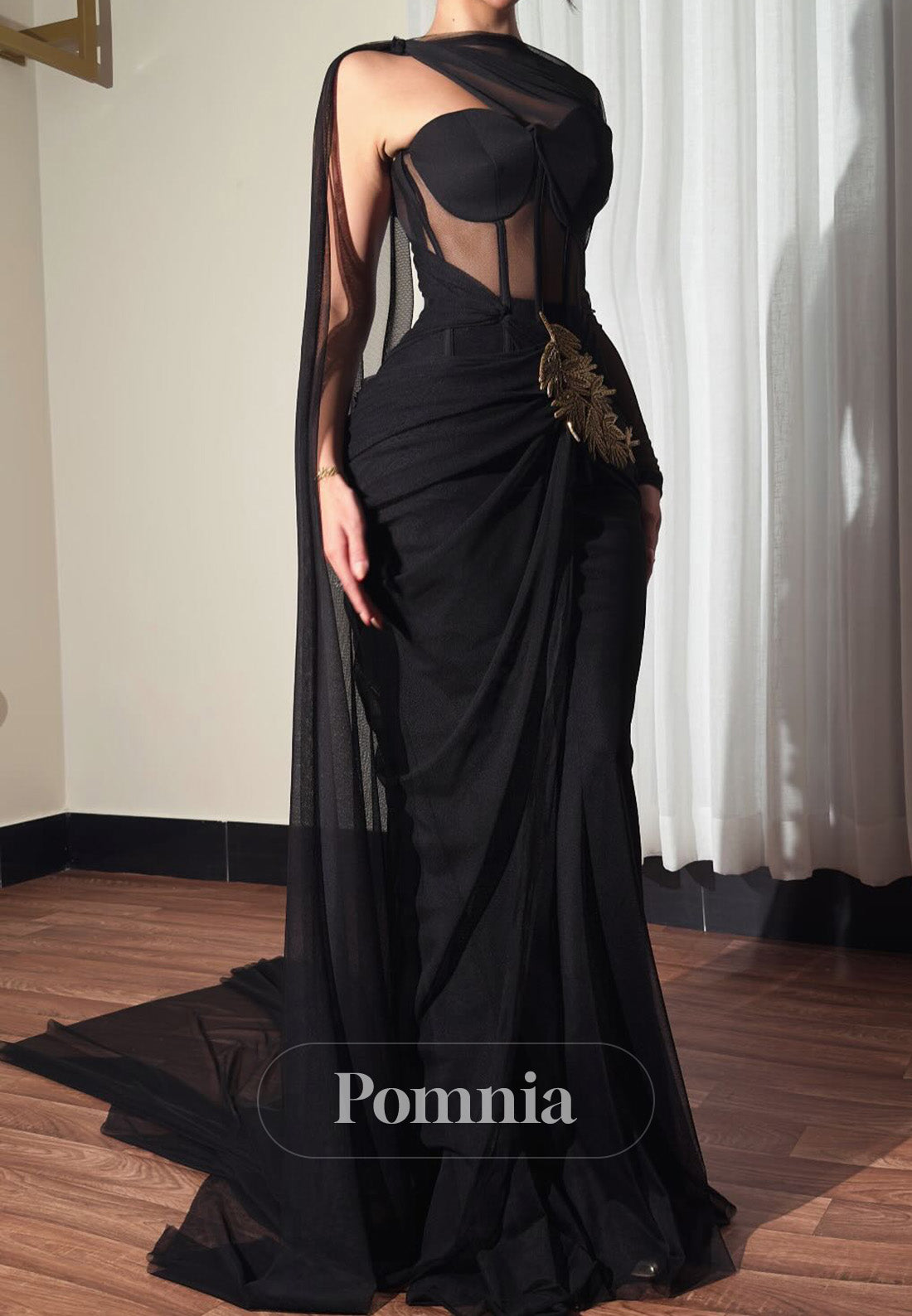 Black Long Sleeves Asymmetrical A-Line Prom Dress