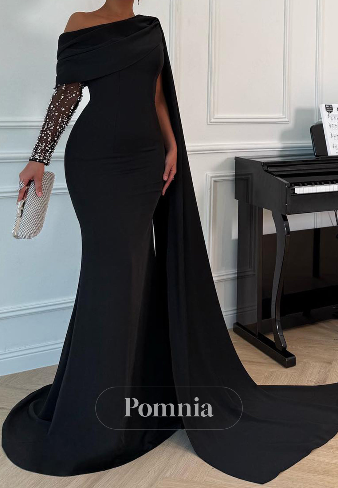 Black Long Sleeves Asymmetrical Mermaid Evening Dress