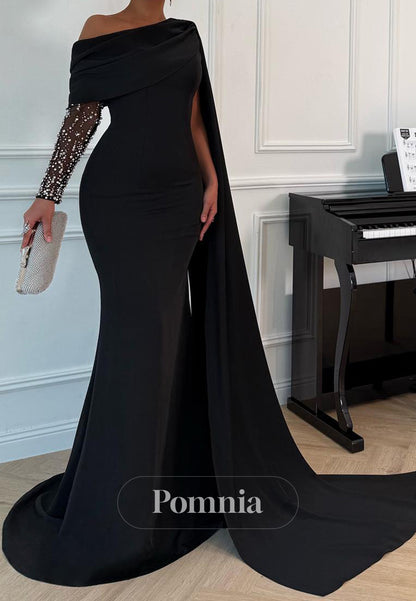 Black Long Sleeves Asymmetrical Mermaid Evening Dress