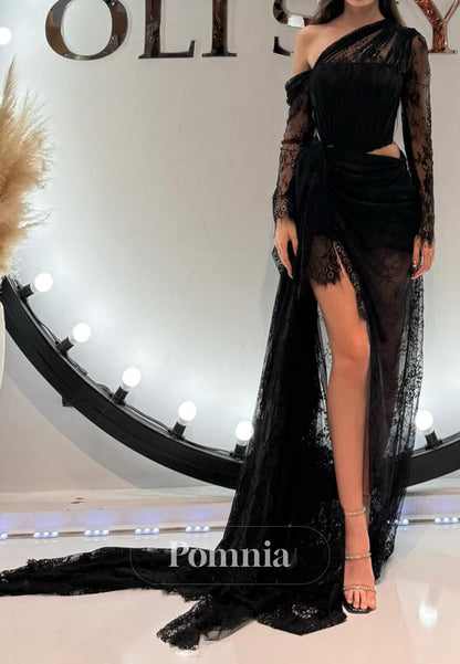 Black Long Sleeves Asymmetrical Slit Lace Prom Dress