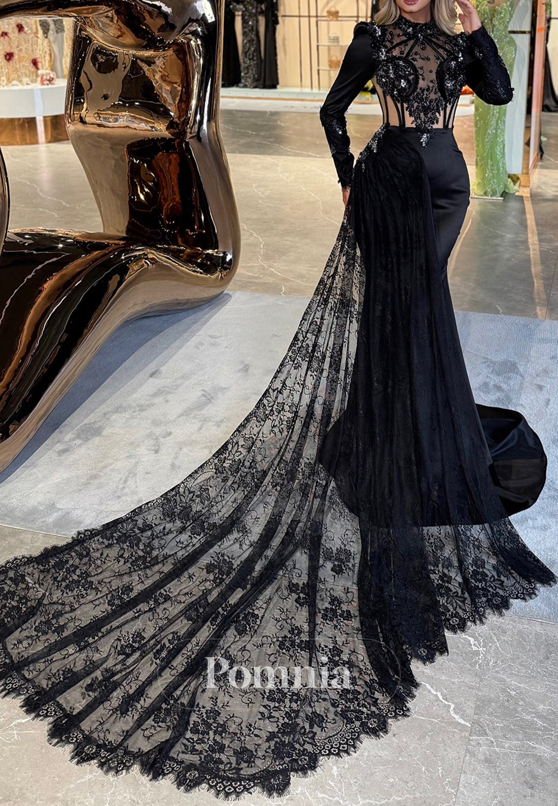 Black Long Sleeves High Neck Corset Tulle Prom Dress
