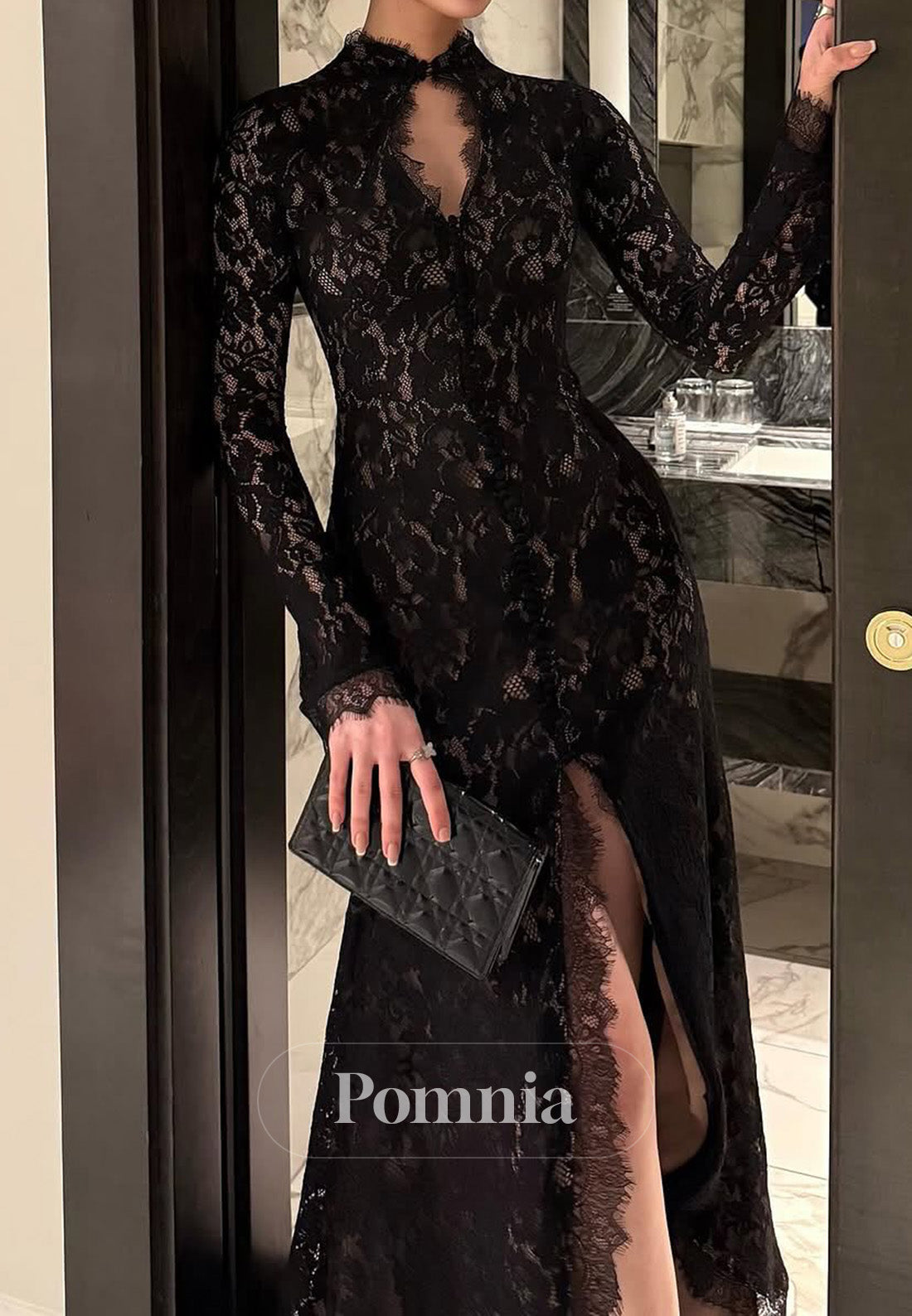 Black Long Sleeves High Neck Slit Lace Prom Dress