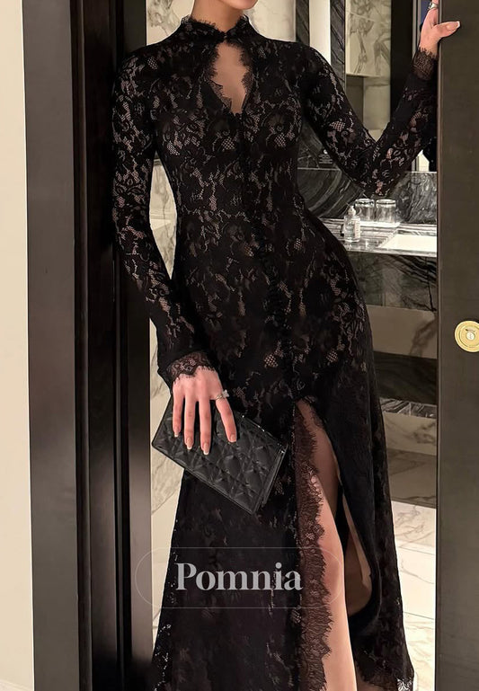 Black Long Sleeves High Neck Slit Lace Prom Dress