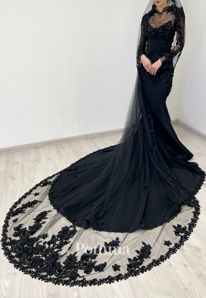 Black Long Sleeves Long Sleeves Floral Appliques Sweep Train Wedding Dress