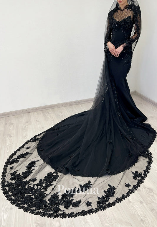 Black Long Sleeves Long Sleeves Floral Appliques Sweep Train Wedding Dress