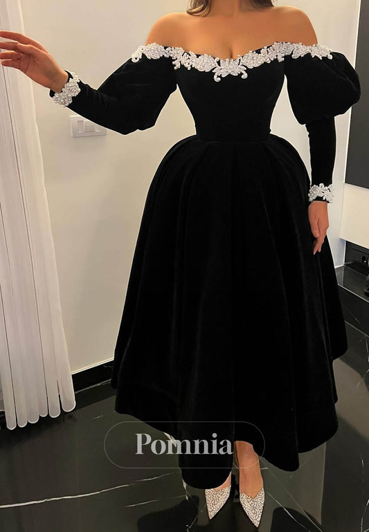 Black Long Sleeves Off-Shoulder A-Line Prom Dress