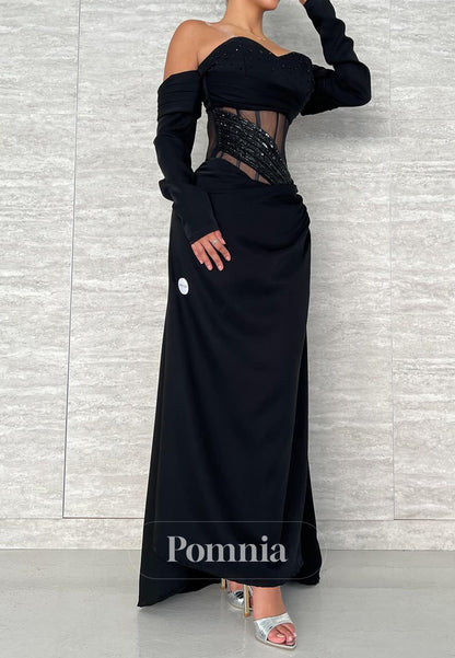 Black Long Sleeves Off-Shoulder Corset Tulle Evening Dress