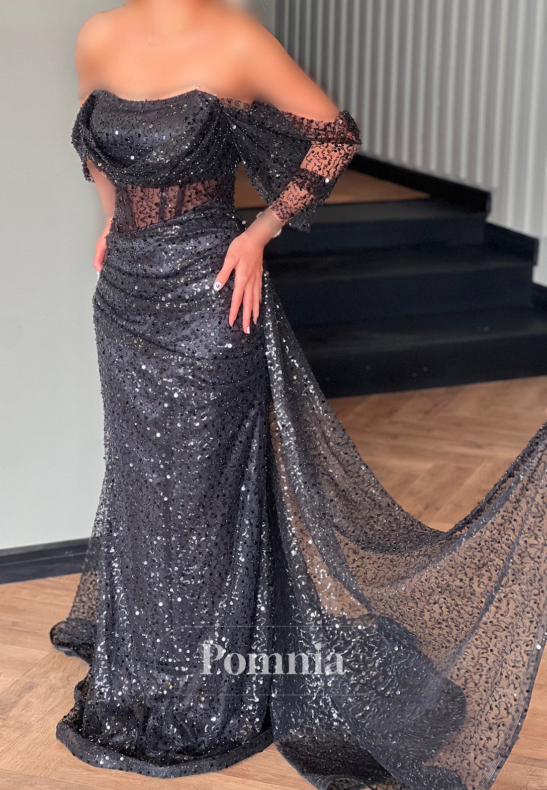 Black Long Sleeves Off-Shoulder Ruched Corset Prom Dress