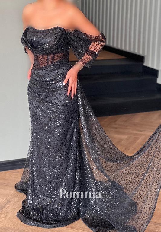 Black Long Sleeves Off-Shoulder Ruched Corset Prom Dress