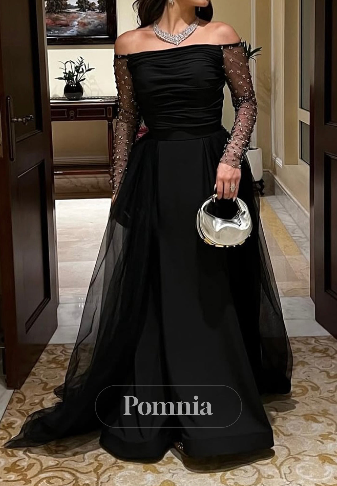 Black Long Sleeves Off-Shoulder Sequins A-Line Evening Dress