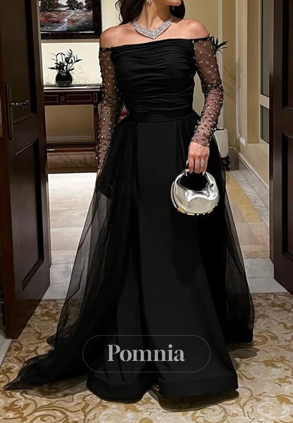 Black Long Sleeves Off-Shoulder Sequins A-Line Evening Dress