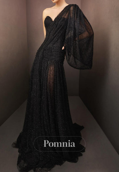 Black Long Sleeves One Shoulder Ruched Evening Dress