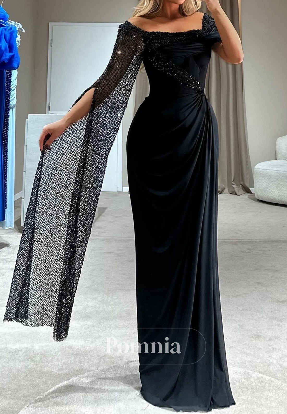 Black Long Sleeves Scoop A-Line Sequins Evening Dress